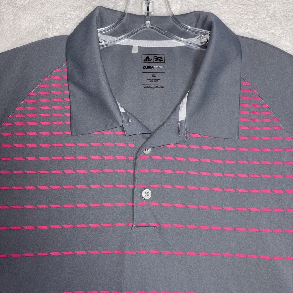 Adidas Golf Polo Shirt Mens  XL Gray Pink Striped Climacool  Stretch Performance